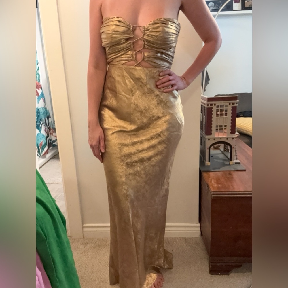Gold Satin Evening Dress with Ruched Bodice